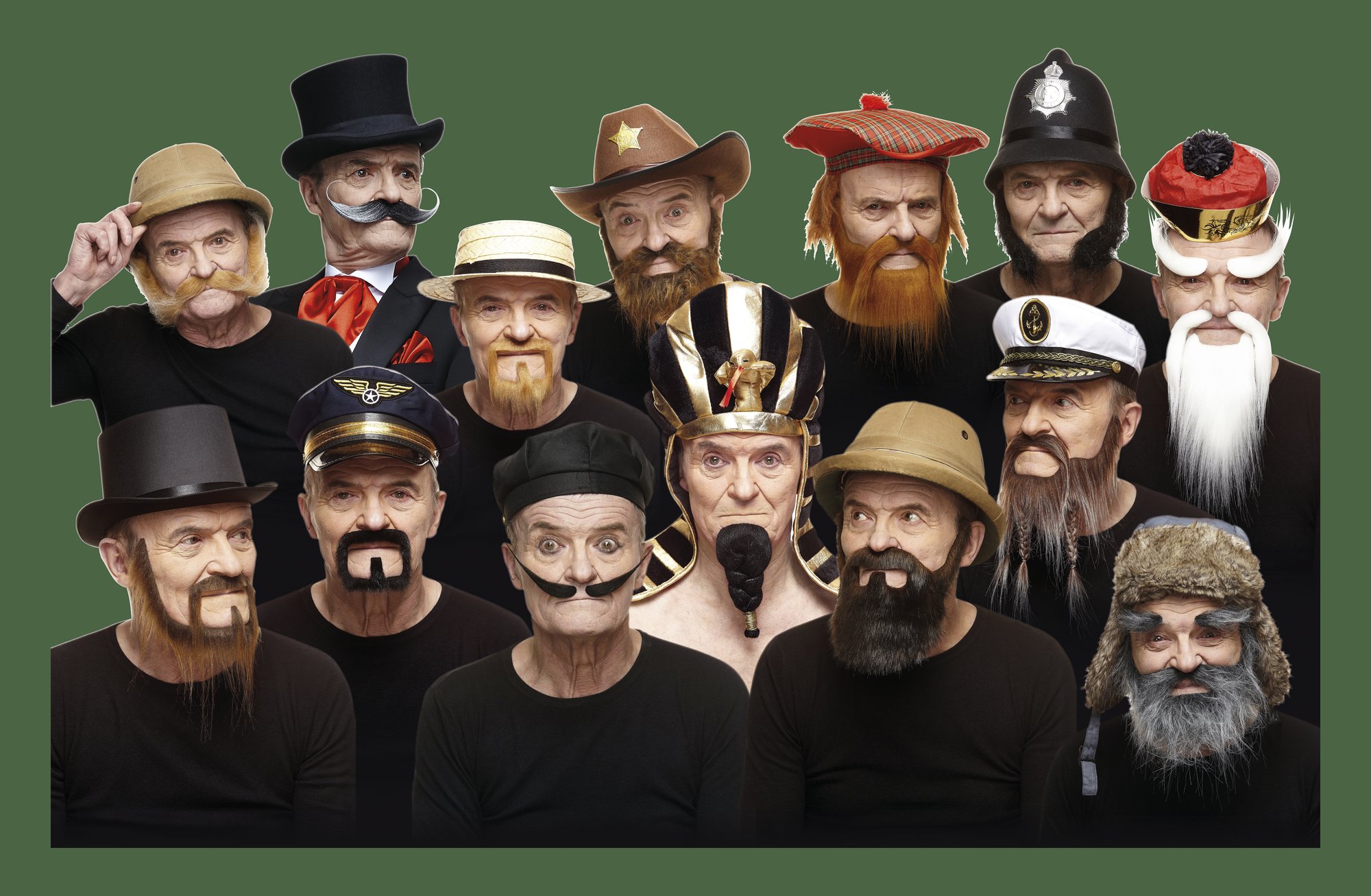 A lineup of characters wearing Mustaches brand false mustaches and beards