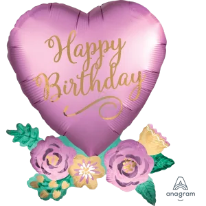 BIRTHDAY SATIN HEART WITH FLOWERS SUPER SHAPE