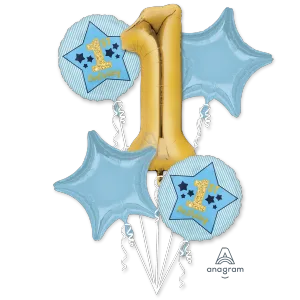 BOY 1ST BIRTHDAY BLUE & GOLD BOUQUET OF BALLOONS