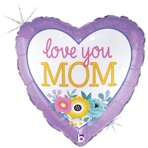 18" LOVE YOU MOM FLOWERS GLITTER HOLOGRAPHIC HEART