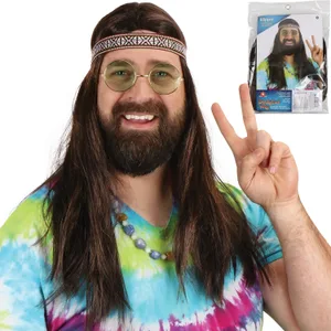 LONG HAIR MALE HIPPIE WIG WITH HEADBAND AND GLASSES