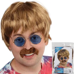 MEDIUM LENGTH HIPPIE WIG WITH GLASSES AND MUSTACHE