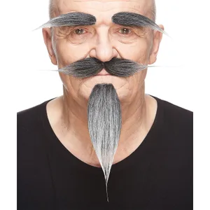 HAIRY RUSSIAN FAKE MUSTACHE BEARD & EYEBROWS SALT & PEPPER