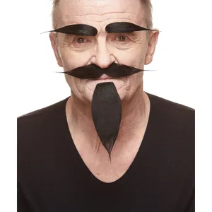 HAIRY RUSSIAN FAKE MUSTACHE BEARD & EYEBROWS BLACK