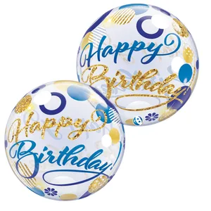 22" Birthday Blue & Gold Dots Bubble Balloon