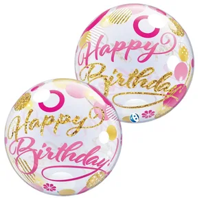 22" Birthday Pink & Gold Dots Bubble Balloon