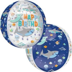15" HAPPY BIRTHDAY SHARKS CLEAR ORBZ 