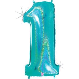 34" NUMBER 1 GLITTER HOLOGRAPHIC ROBIN'S EGG BLUE MEGALOON