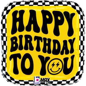18" MAX FLOAT 40% RECYCLED  ROUND SQUARE BALLOON, PACKAGED SMILEY CHECKERBOARD BIRTHDAY